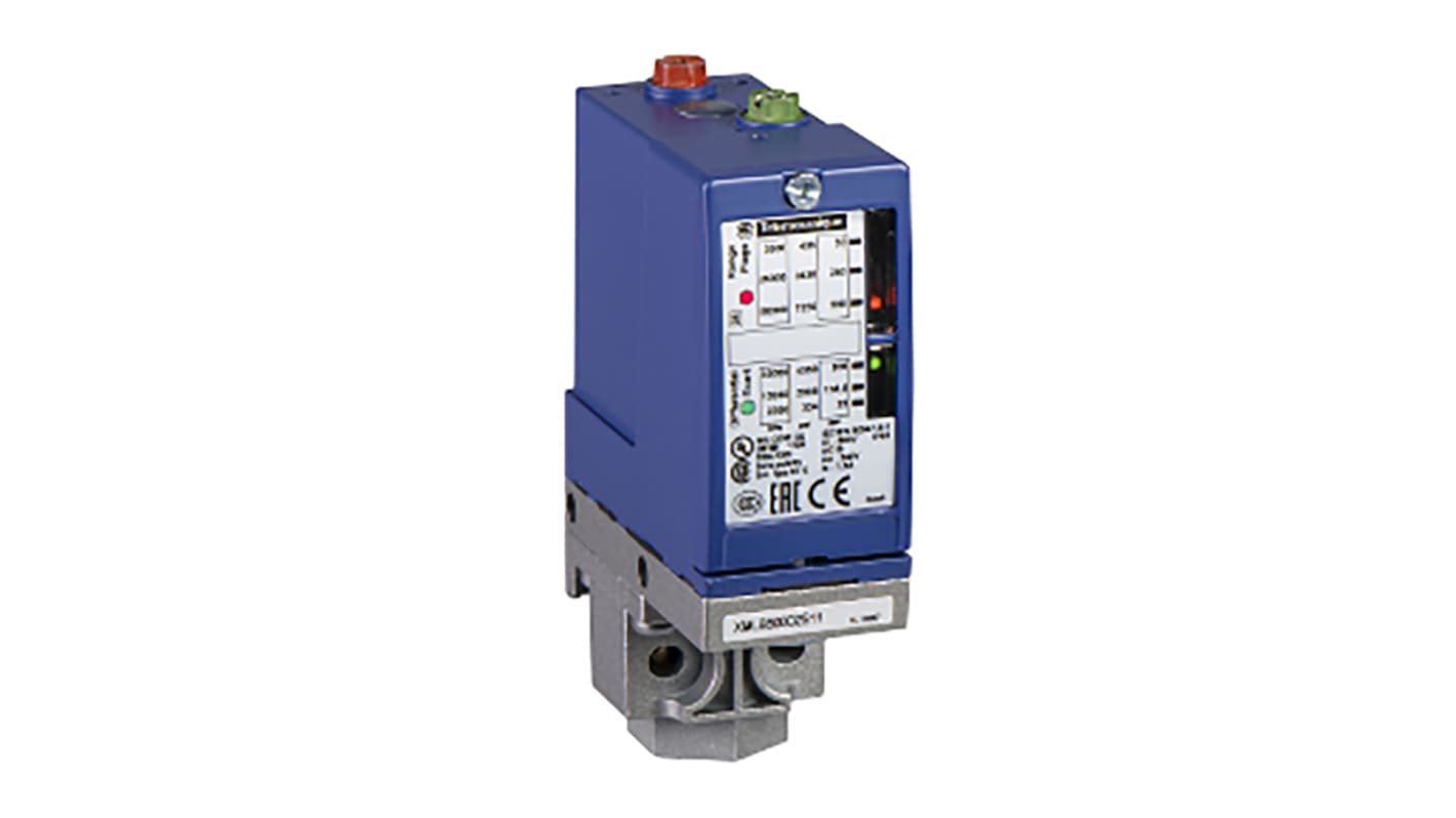 Pressostato Telemecanique Sensors XMLB500D2S12, elettromeccanico, max 500 bar, contatto 1 C/O, IP66, per olio idraulico.