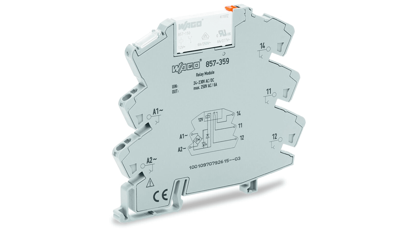 Relè d'interfaccia Wago 857359, SPDT, 230V, montaggio su guida DIN, dimensioni 6 x 81 x 94 mm, grado di protezione IP20.