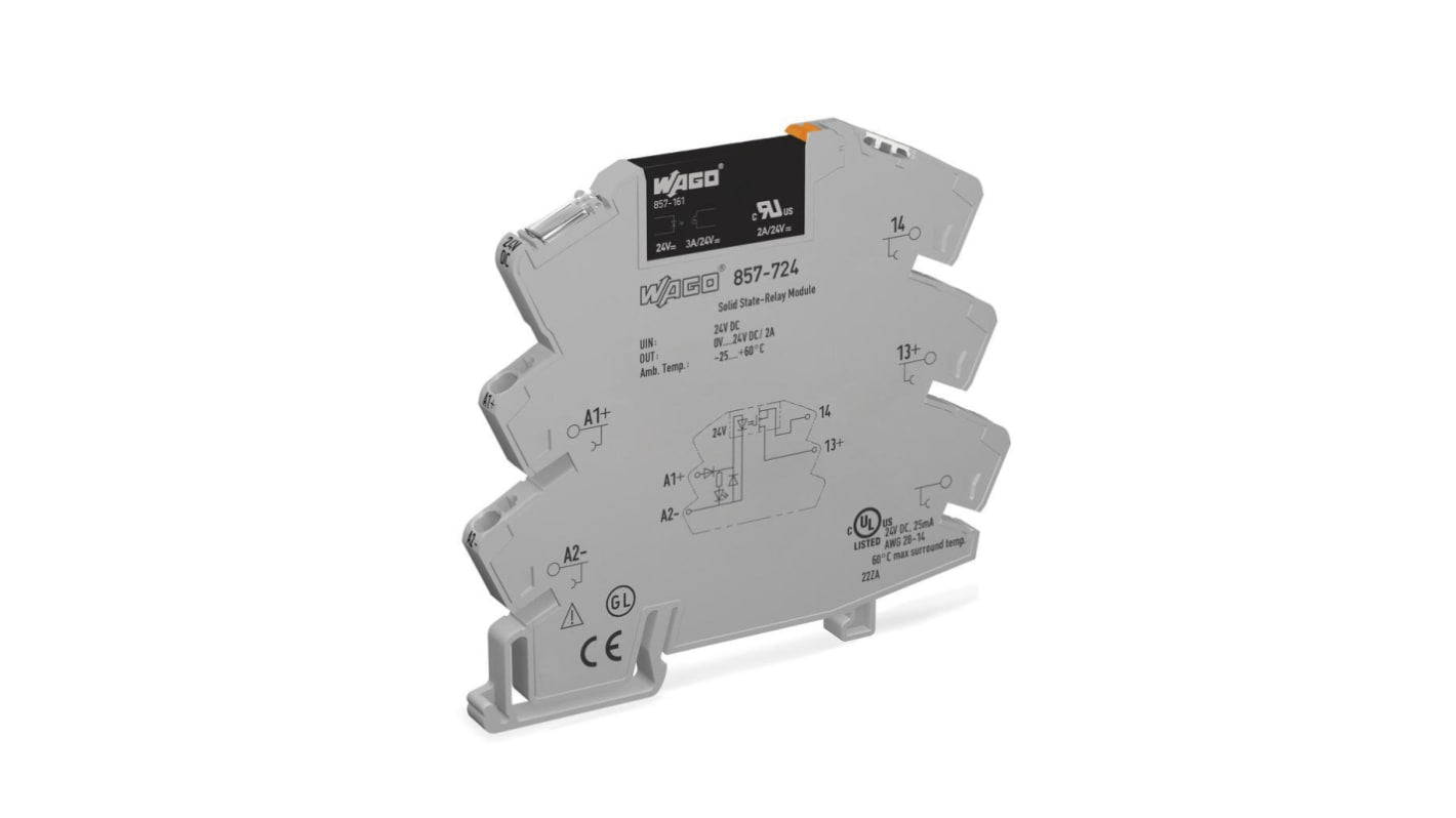 Relè a stato solido Wago 857724, montaggio su guida DIN, 3 A, 24 V c.c., dimensioni 94 x 6 x 81 mm, grado di protezione IP20.