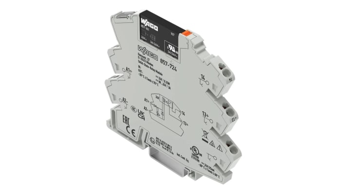 Relè a stato solido Wago 857724, montaggio su guida DIN, 3 A, 24 V c.c., dimensioni 94 x 6 x 81 mm, grado di protezione IP20.
