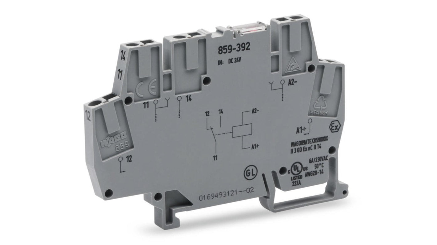 Wago 859-392, relè d'interfaccia per guida DIN, 24V cc, contatti SPDT, dimensioni 6 x 56 x 91mm, LED di stato.