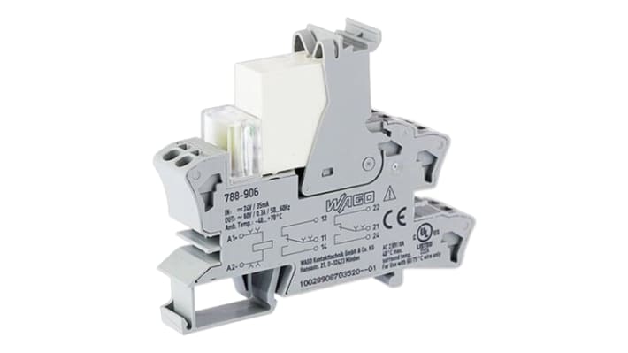 Relè di sicurezza Wago 788906, 24V cc, guida DIN, 2 contatti, LED verde, dimensioni 86x64x15mm, corrente 30mA.
