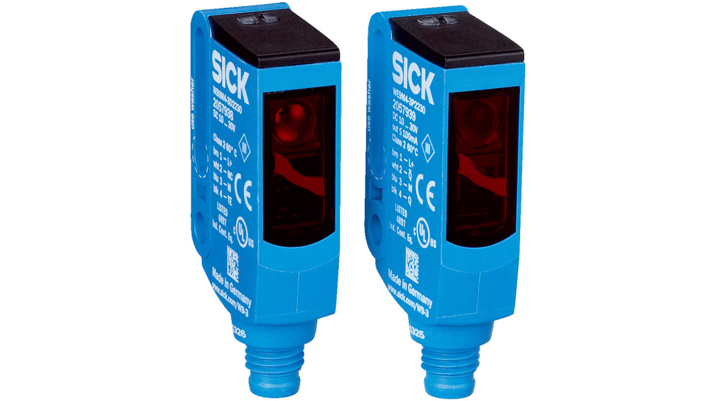 Sensore fotoelettrico rettangolare Sick WSE9M4-3P2230, rilevamento fino a 10 m, uscita PNP, grado di protezione IP66/IP67/IP69K.
