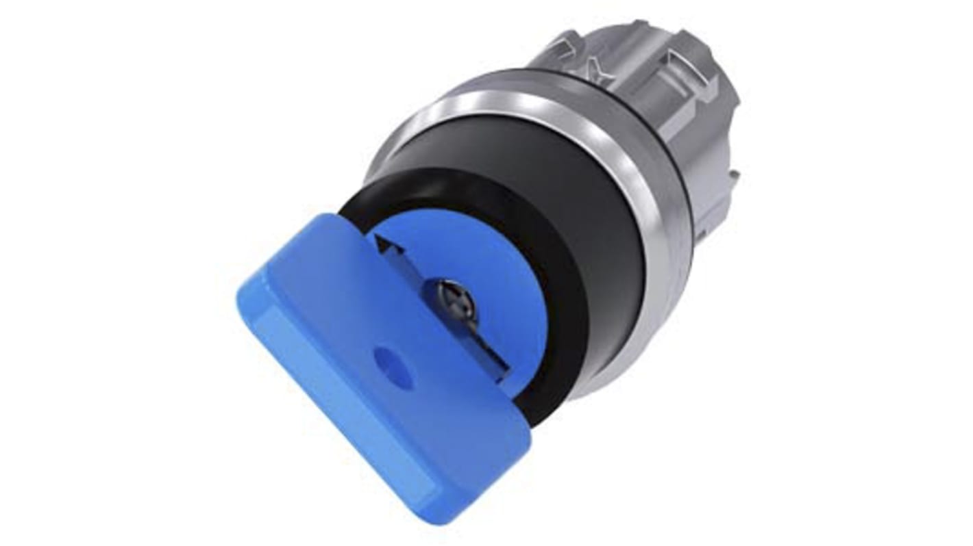 Testa selettore Siemens 3SU1, interruttore a chiave blu chiaro, diametro foro 22mm, attivazione momentanea, protezione IP66.