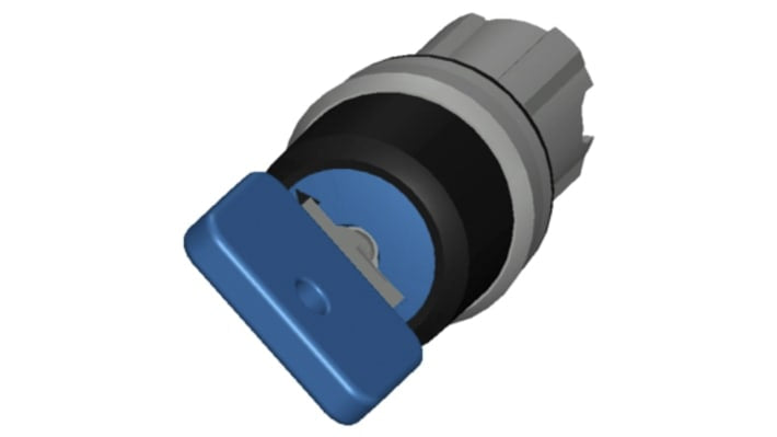 Testa selettore Siemens 3SU1, interruttore a chiave blu chiaro, diametro foro 22mm, attivazione momentanea, protezione IP66.