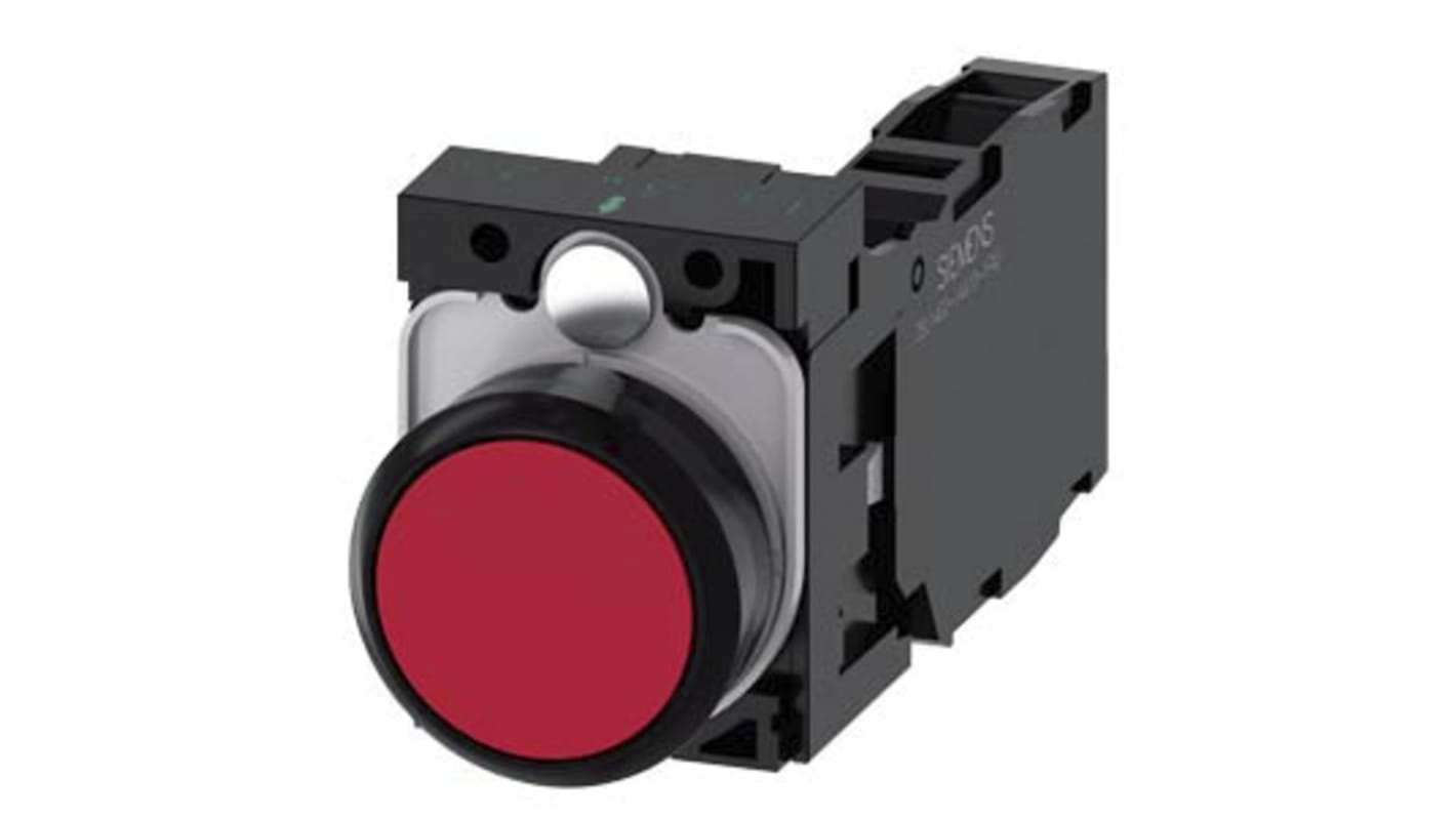 Pulsante Siemens rotondo SPDT montaggio a pannello, diametro 22 mm, colore rosso, contatto momentaneo, 1 NA + 1 NC.