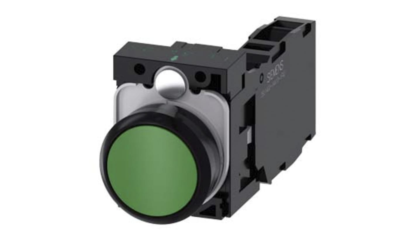 Pulsante Siemens SPDT montaggio a pannello, colore verde, diametro 22 mm, contatto momentaneo, 1 NA + 1 NC.