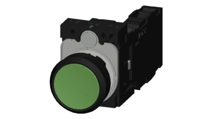 Pulsante Siemens SPDT montaggio a pannello, colore verde, diametro 22 mm, contatto momentaneo, 1 NA + 1 NC.