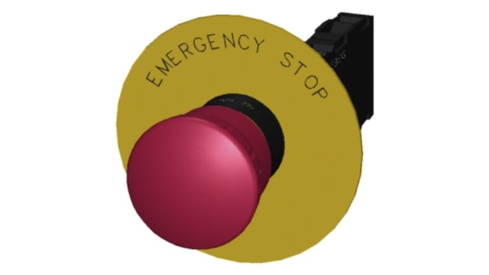 Pulsante di arresto di emergenza Siemens SIRIUS ACT, rotondo rosso, montaggio a pannello, diametro 22 mm, con piastra gialla e iscrizione EMERGENCY STOP.