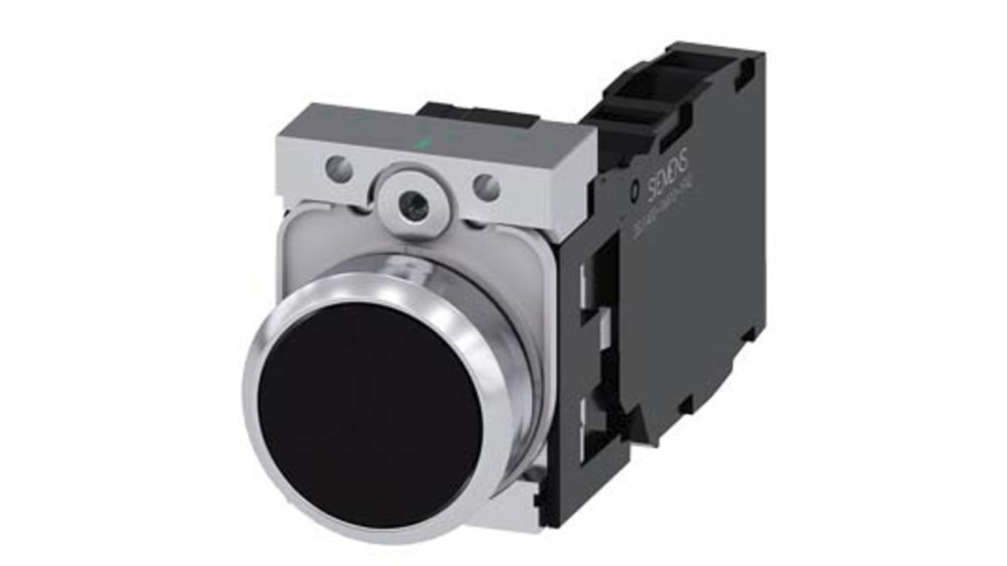 Pulsante Siemens SPDT montaggio a pannello, diametro 22 mm, contatto momentaneo, 1 NA + 1 NC, colore nero, temperatura -25/+70 °C.