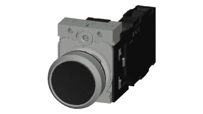 Pulsante Siemens SPDT montaggio a pannello, diametro 22 mm, contatto momentaneo, 1 NA + 1 NC, colore nero, temperatura -25/+70 °C.