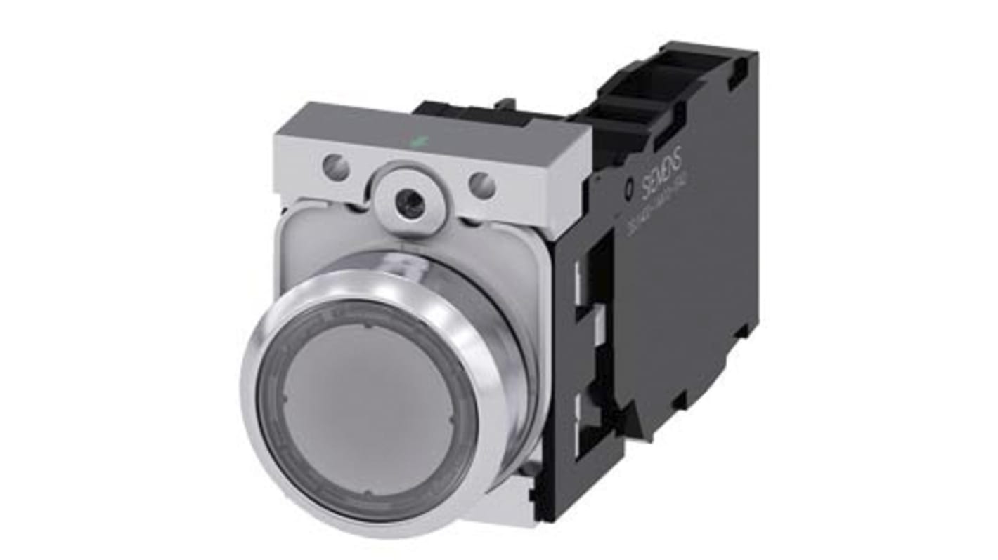 Pulsante Siemens SPDT luminoso per montaggio a pannello, diametro 29.45 mm, tensione 24 V, contatti 1 NA + 1 NC.
