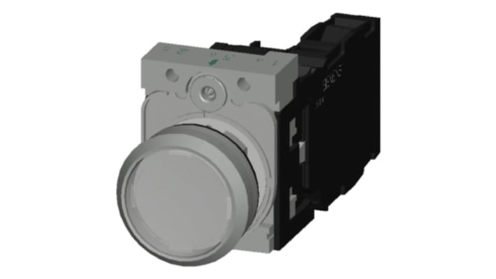 Pulsante Siemens SPDT luminoso per montaggio a pannello, diametro 29.45 mm, tensione 24 V, contatti 1 NA + 1 NC.