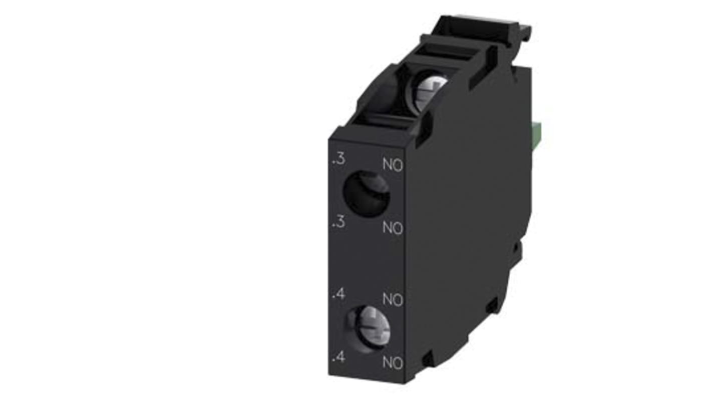 Blocco contatti DPNO Siemens 3SU1400-1AA10-1NA0, 2 NA, tensione 5-500 V, corrente 10 A, montaggio su piastra frontale.