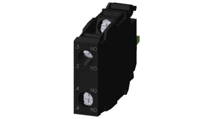 Blocco contatti DPNO Siemens 3SU1400-1AA10-1NA0, 2 NA, tensione 5-500 V, corrente 10 A, montaggio su piastra frontale.