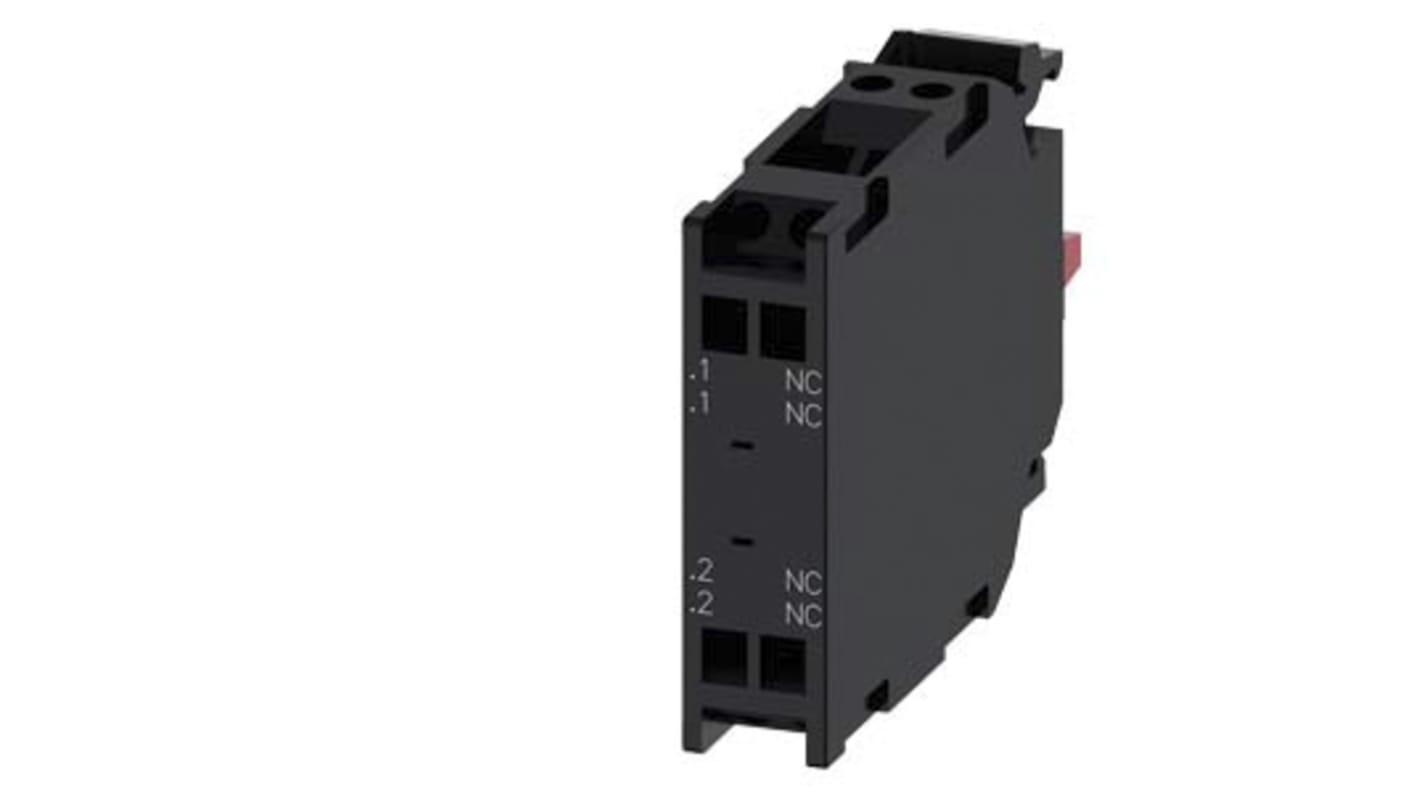 Blocco contatti DPNC Siemens 3SU1400-1AA10-3EA0, 2 NC, tensione 5-500 V, corrente 10 A, montaggio su piastra frontale.
