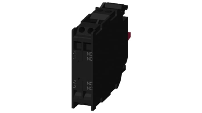 Blocco contatti DPNC Siemens 3SU1400-1AA10-3EA0, 2 NC, tensione 5-500 V, corrente 10 A, montaggio su piastra frontale.