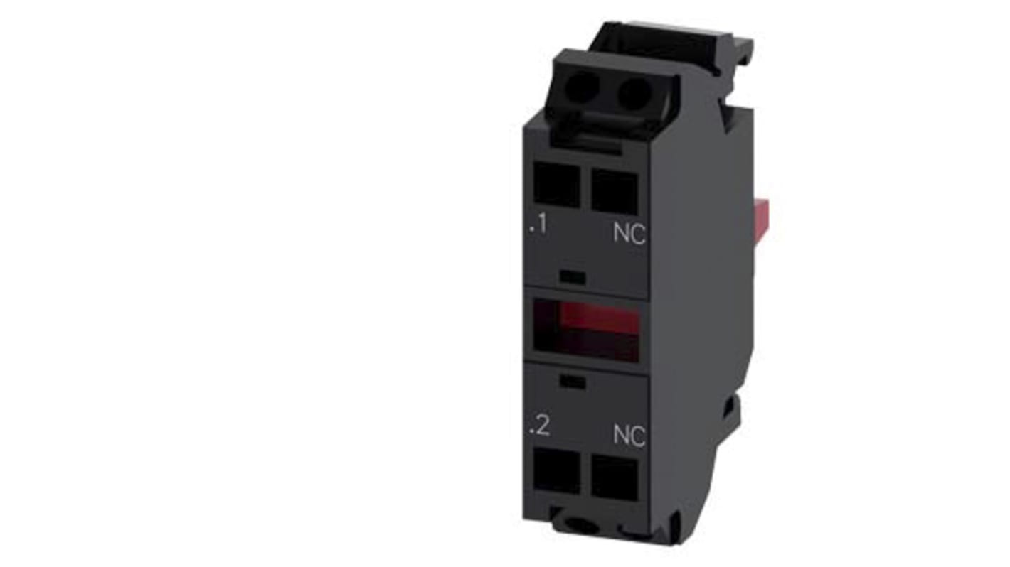 Blocco contatti NC Siemens 3SU1400-1AA10-3MA0, 1 contatto, tensione 5-500 V, corrente 10 A, montaggio su piastra frontale.