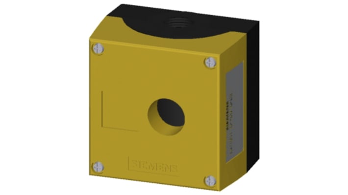 Scatola per pulsante Siemens 3SU1851-0AA00-0AB2, metallica gialla, IP66/IP67, dimensioni 85 x 64 x 89.4 mm.