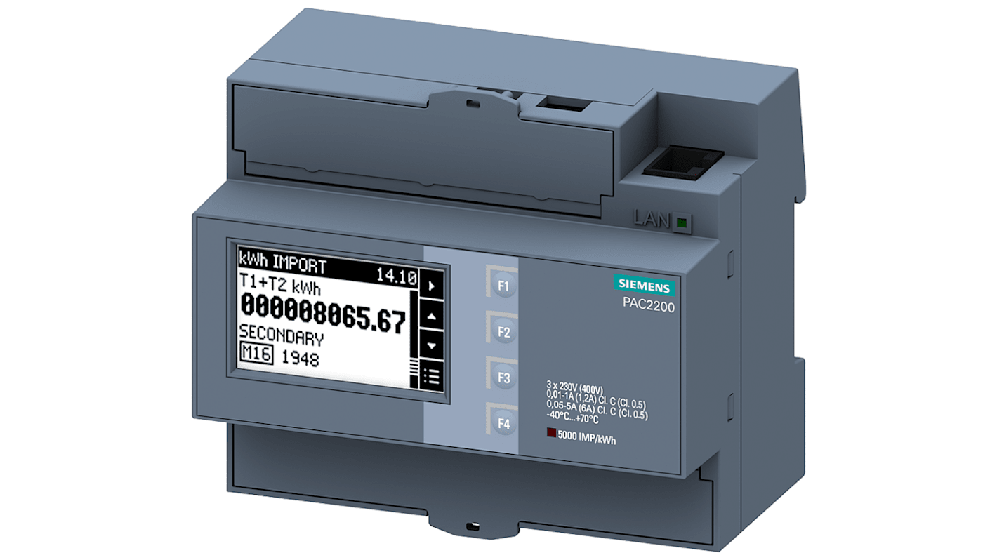Contatore di energia Siemens 7KM2200-2EA30-1JA1, trifase, display LCD, tensione 400 V, corrente massima 5 A, protocollo Modbus TCP.