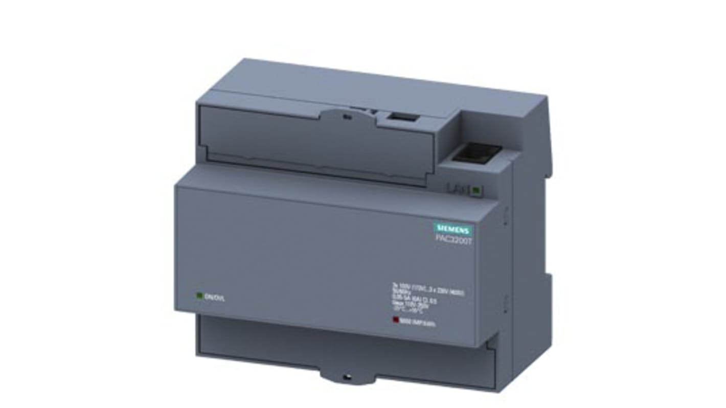 Contatore di energia Siemens 7KM3200-0CA01-1AA0, modello SENTRON PAC3200T, trifase, montaggio su guida DIN, dimensioni 90 x 108 x 64 mm.