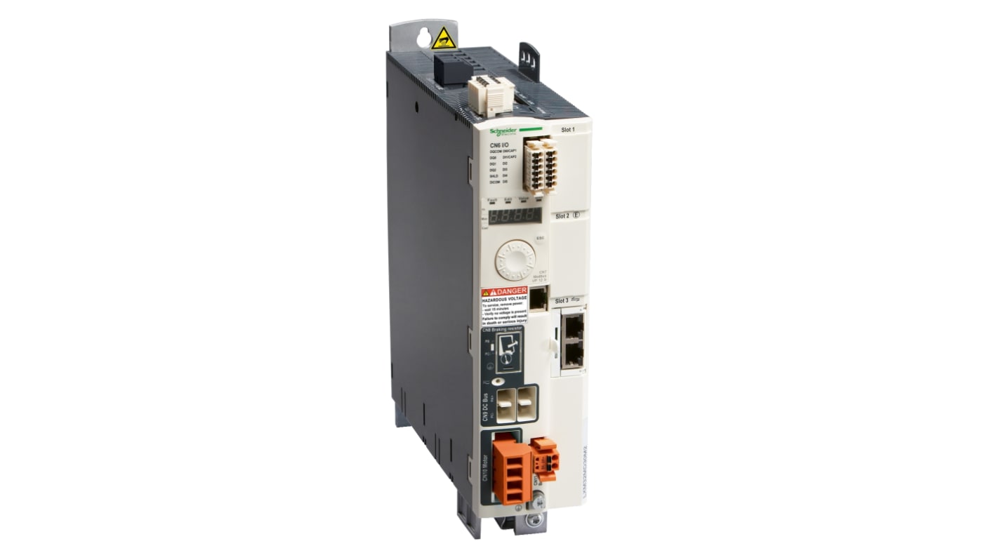 Servocomando Schneider Electric LXM32MD18M2, 0,9 kW, 3 fasi, con feedback encoder e filtro EMC integrato. Dimensioni: 48x237x270 mm.