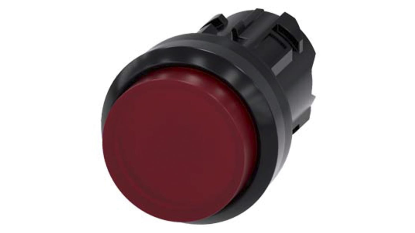 Pulsante rotondo rosso Siemens SIRIUS ACT, tipo instabile, 22 mm, illuminato, protezione IP66/IP67/IP69K, diametro 29.5 mm.