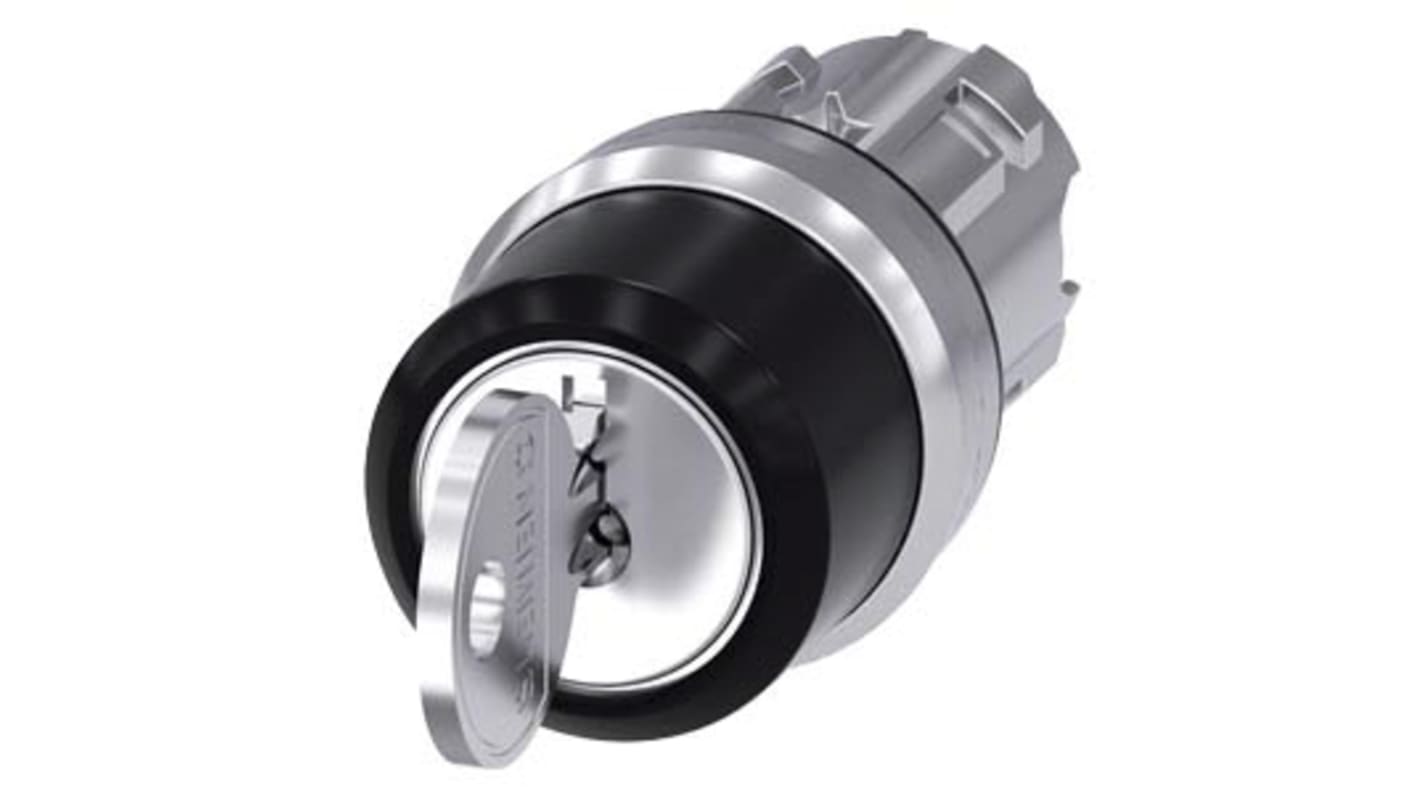 Testa selettore Siemens SIRIUS ACT, interruttore a chiave RONIS, 3 posizioni, metallo lucido, protezione IP66, temperatura -25°C/+70°C.