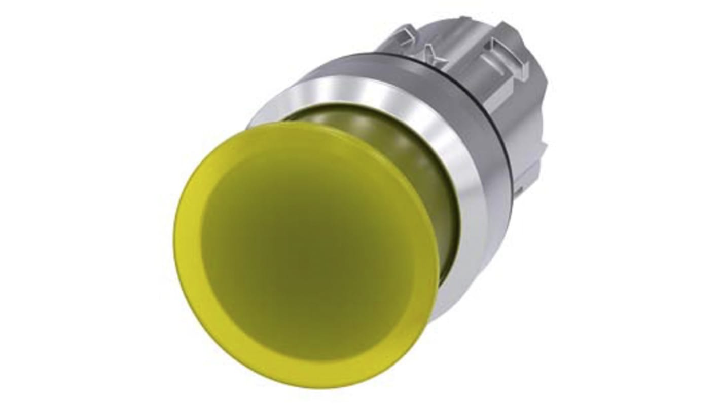 Pulsante a fungo giallo Siemens SIRIUS ACT, 22 mm, rotondo, attuazione instabile, protezione IP66/IP67/IP69K. Codice 3SU1051-1AD30-0AA.