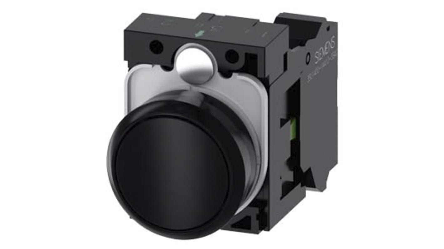 Pulsante rotondo Siemens SPST, diametro 29.45 mm, montaggio 22 mm, contatto momentaneo, plastica nera, tensione 500V.