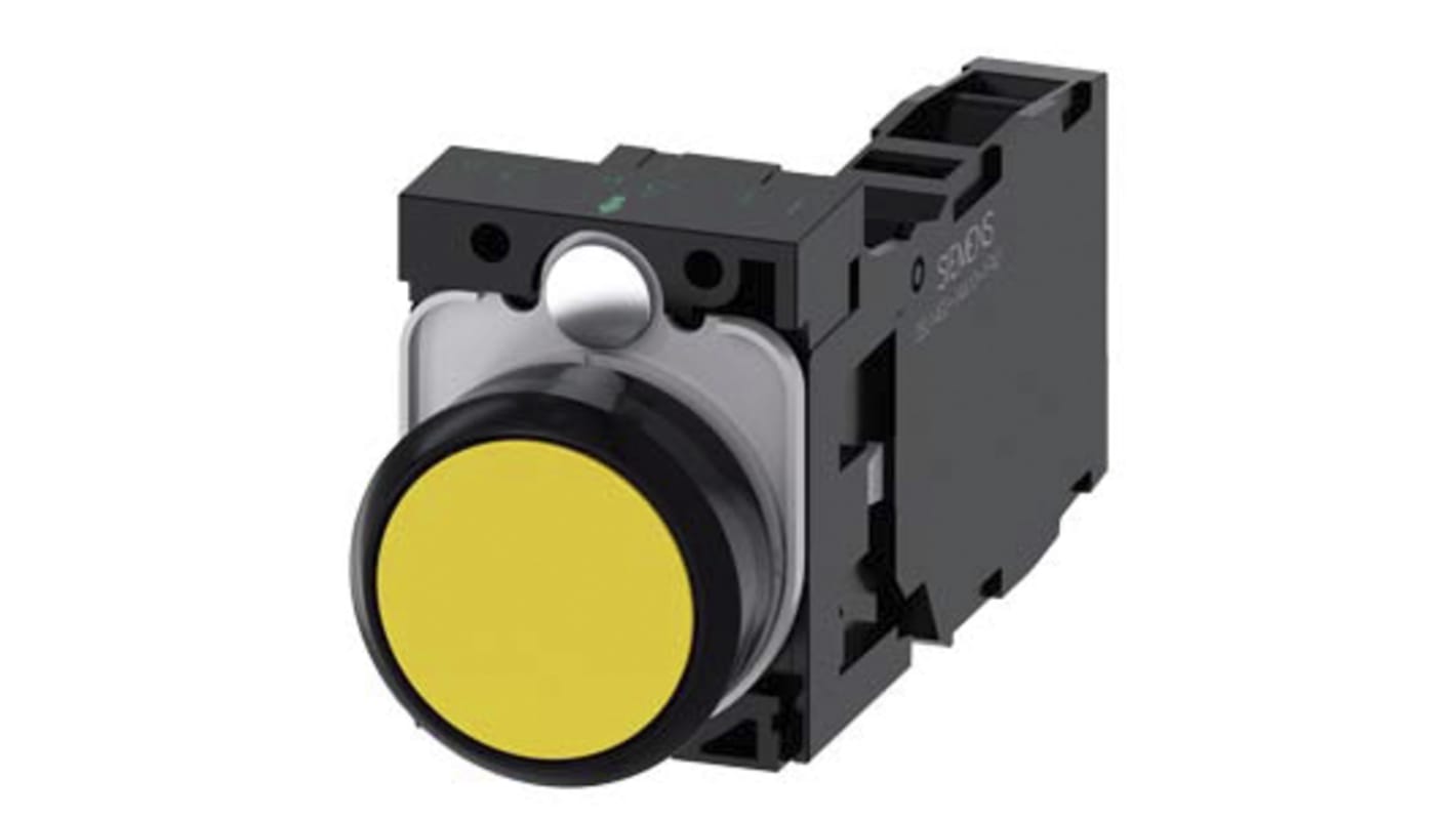 Pulsante Siemens SPDT giallo, diametro 29.45 mm, montaggio a pannello 22 mm, tensione max 500V, serie SIRIUS ACT.
