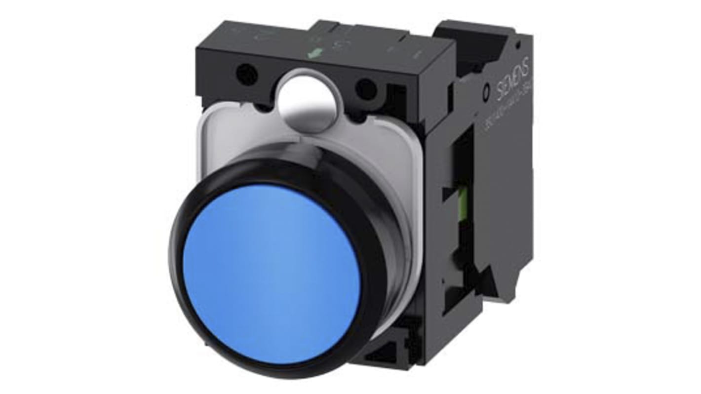 Pulsante Siemens SIRIUS ACT SPST, rotondo blu, diametro 29.45 mm, montaggio 22 mm, contatto momentaneo, 500V.