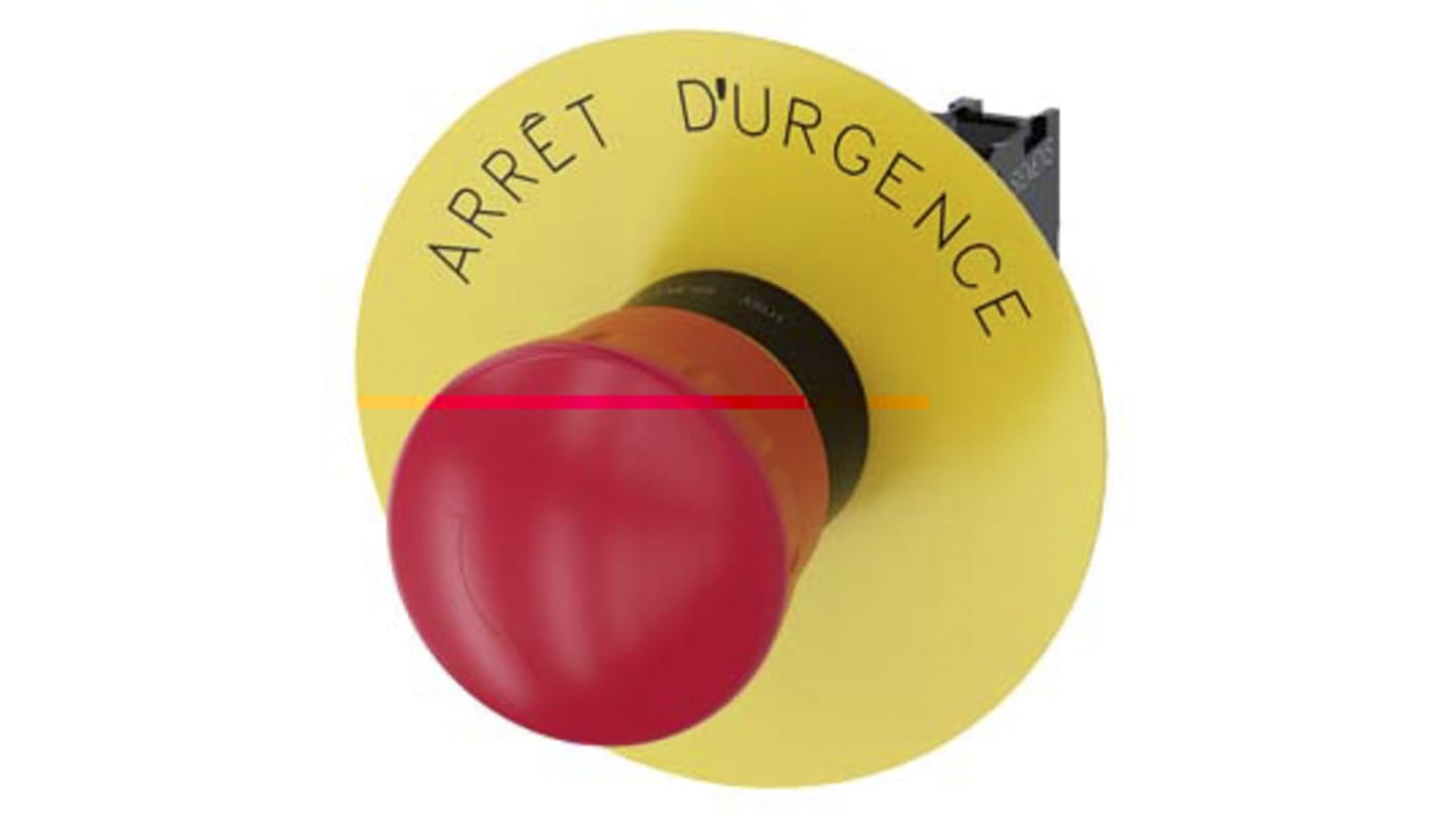 Pulsante di arresto di emergenza Siemens SIRIUS ACT, rotondo rosso, montaggio a pannello, diametro 22 mm, con meccanismo di sblocco a rotazione.