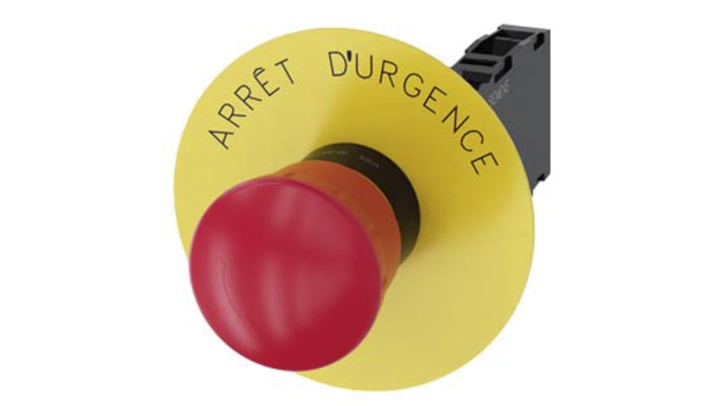 Pulsante di arresto di emergenza Siemens SIRIUS ACT, rotondo rosso, montaggio a pannello, diametro 22 mm, con meccanismo di sblocco a rotazione e piastra di supporto gialla.