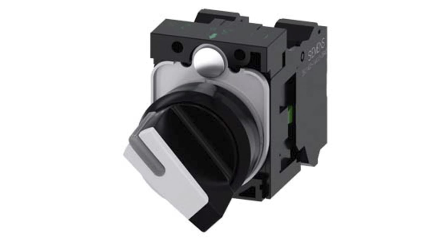 Selettore a 2 posizioni Siemens, diametro foro 22 mm, attuatore corto nero, contatti SPDT, corrente massima 10 A.