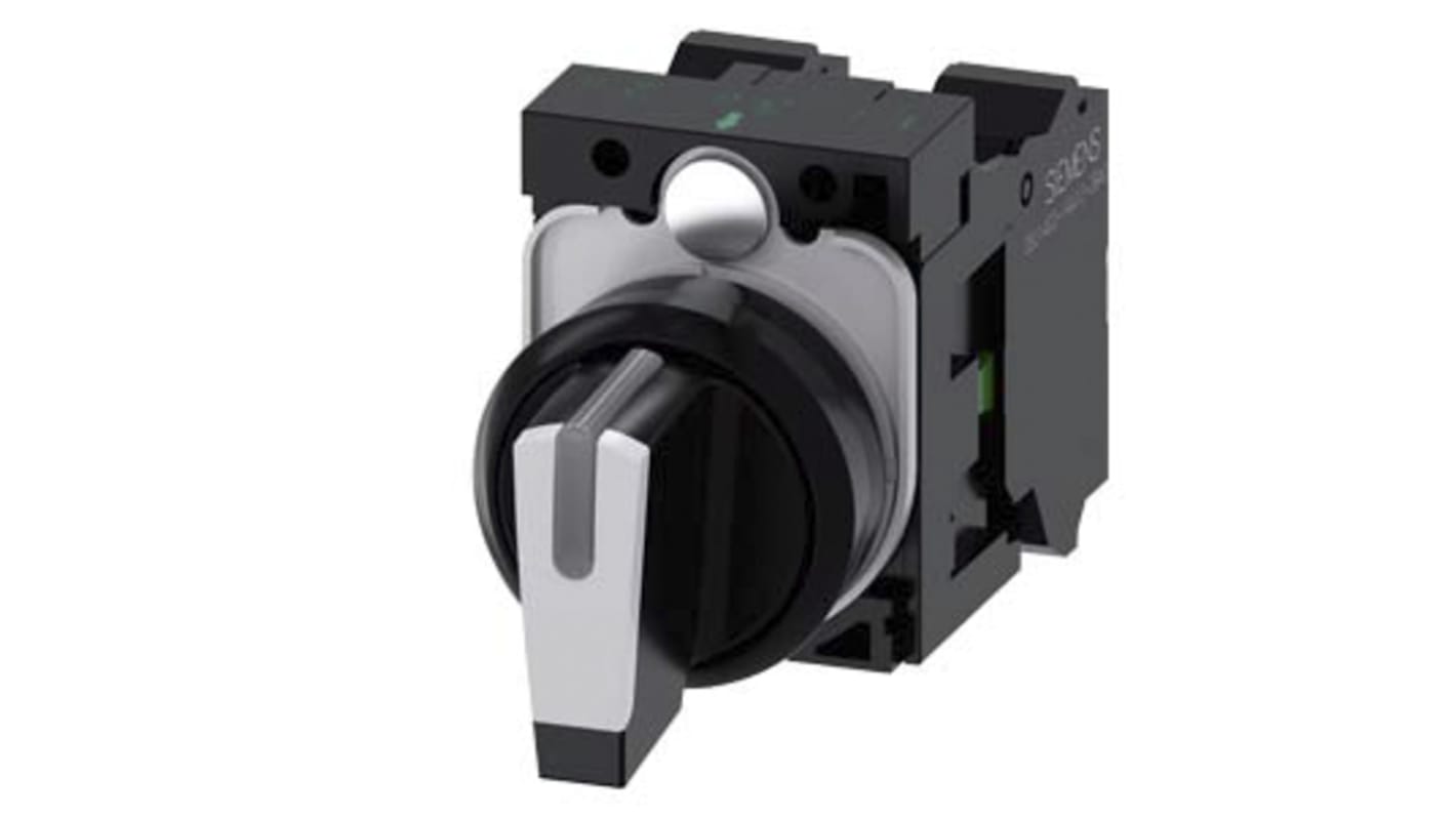 Selettore a 3 posizioni Siemens, diametro foro 22mm, attuatore nero, contatto SPDT, grado di protezione IP66.