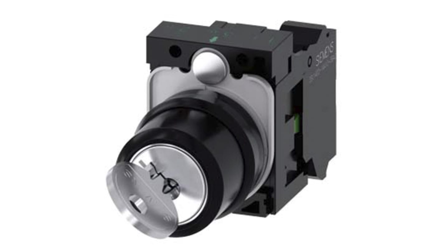 Interruttore a chiave Siemens 3SU1100-4BF11-3BA0, rotondo, 2 posizioni, SPST, diametro 22 mm, contatto 1 NA, operazioni a ritenuta.