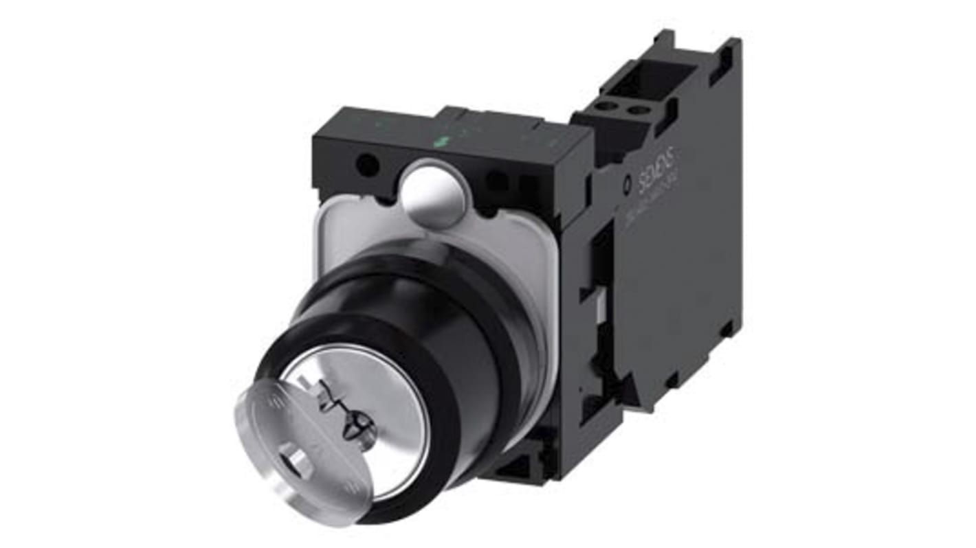 Interruttore a chiave Siemens 3SU1100-4BF11-3FA0, rotondo, 2 posizioni SPDT, 500V, temperatura -25/+70 gradi, 1 NA + 1 NC.