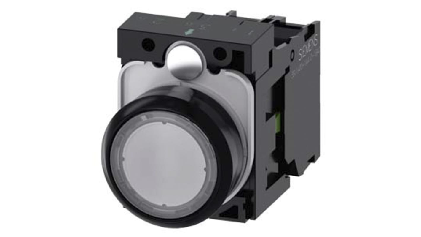 Pulsante luminoso Siemens 3SU1103-0AB70-1BA0, SPST, diametro 22 mm, corpo plastico, LED integrato, grado di protezione IP66.