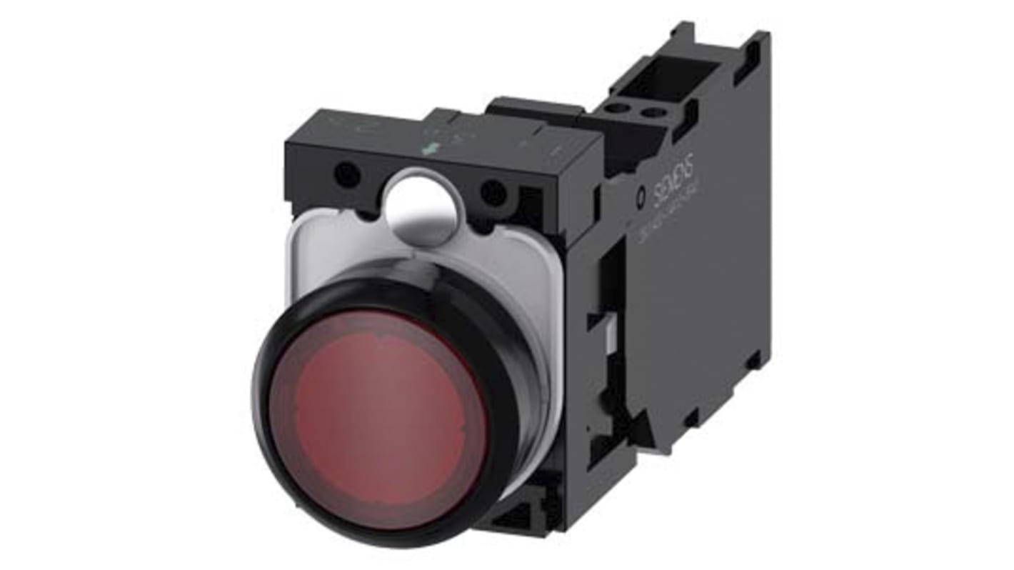 Pulsante SPDT luminoso Siemens, rotondo, 22 mm, rosso, con modulo LED, tensione 230 V, contatti 1 NA + 1 NC.