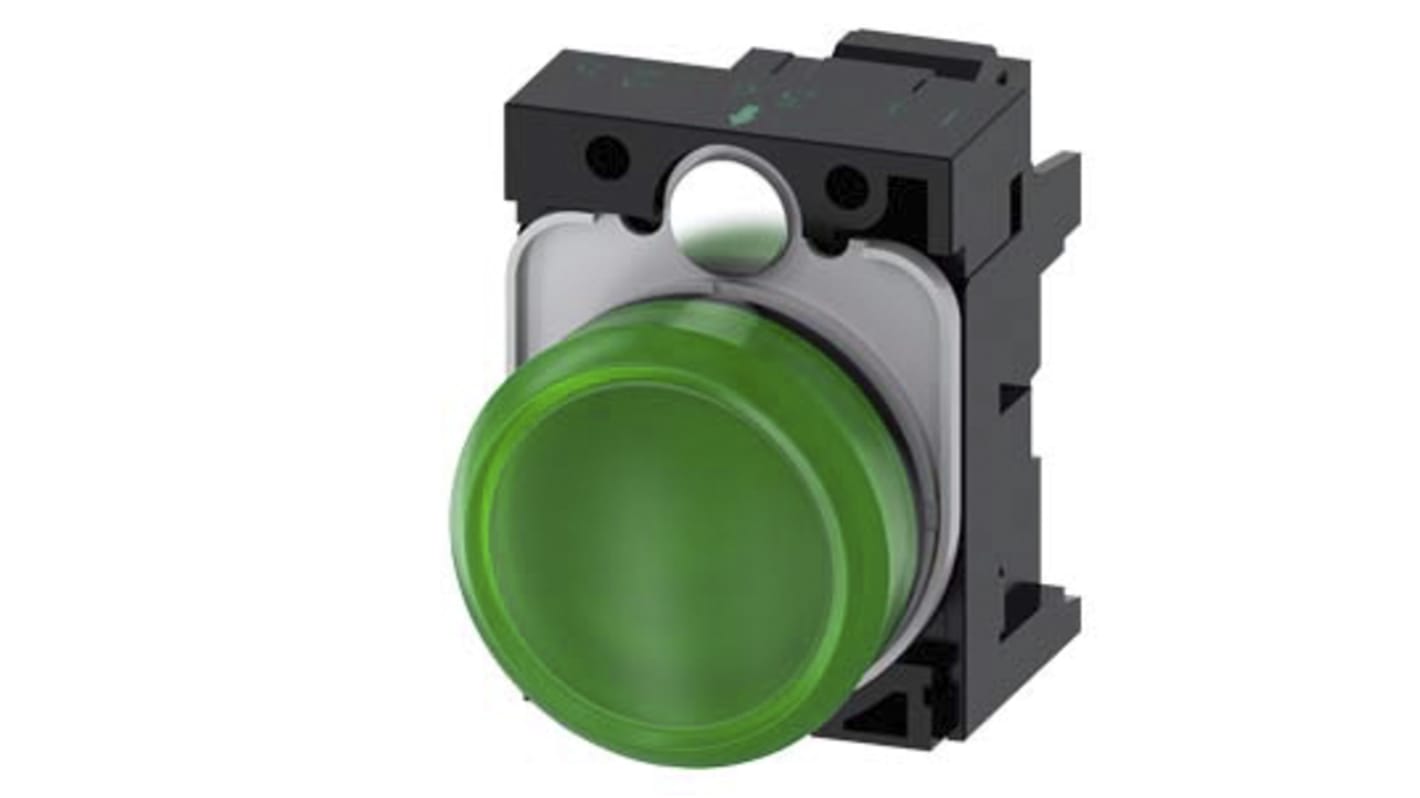 Indicatore LED Siemens SIRIUS ACT, montaggio a pannello, diametro 22 mm, colore verde, tensione 230 V CA, grado di protezione IP66.