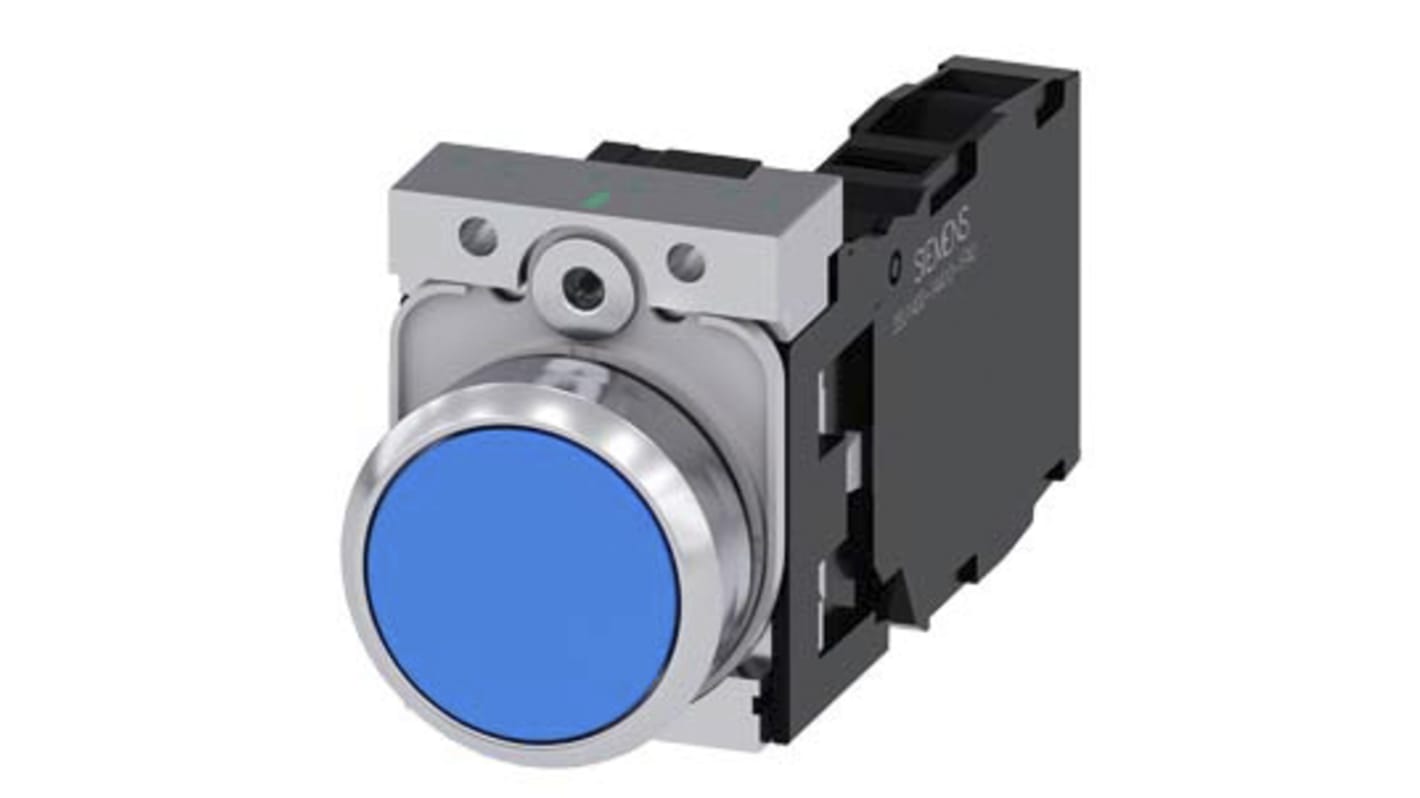Pulsante Siemens SPDT rotondo blu, diametro foratura 22 mm, contatti 1 NA + 1 NC, corpo metallico, terminale a vite.