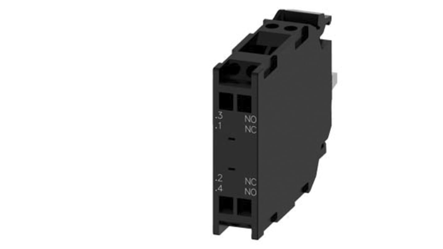 Blocco contatti SPDT Siemens 3SU1400-1AA10-3QA0, 500 V, 10 A, montaggio su piastra frontale, contatti placcati oro.