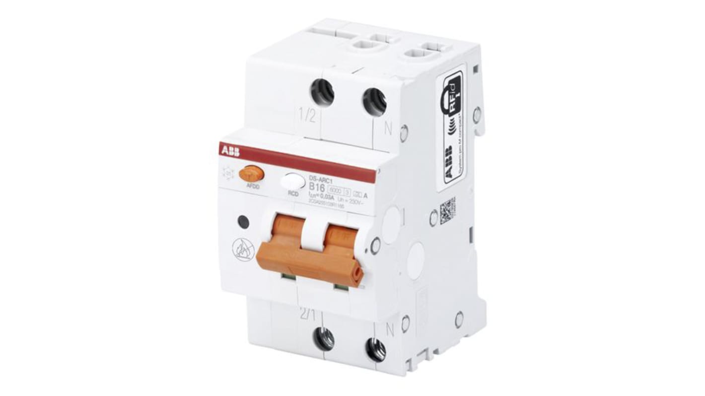 Interruttore differenziale ABB DS-ARC1 B13 A30, 1P+N, 13A, 30mA, montaggio su guida DIN, dimensioni 52.2 x 69 x 85mm.