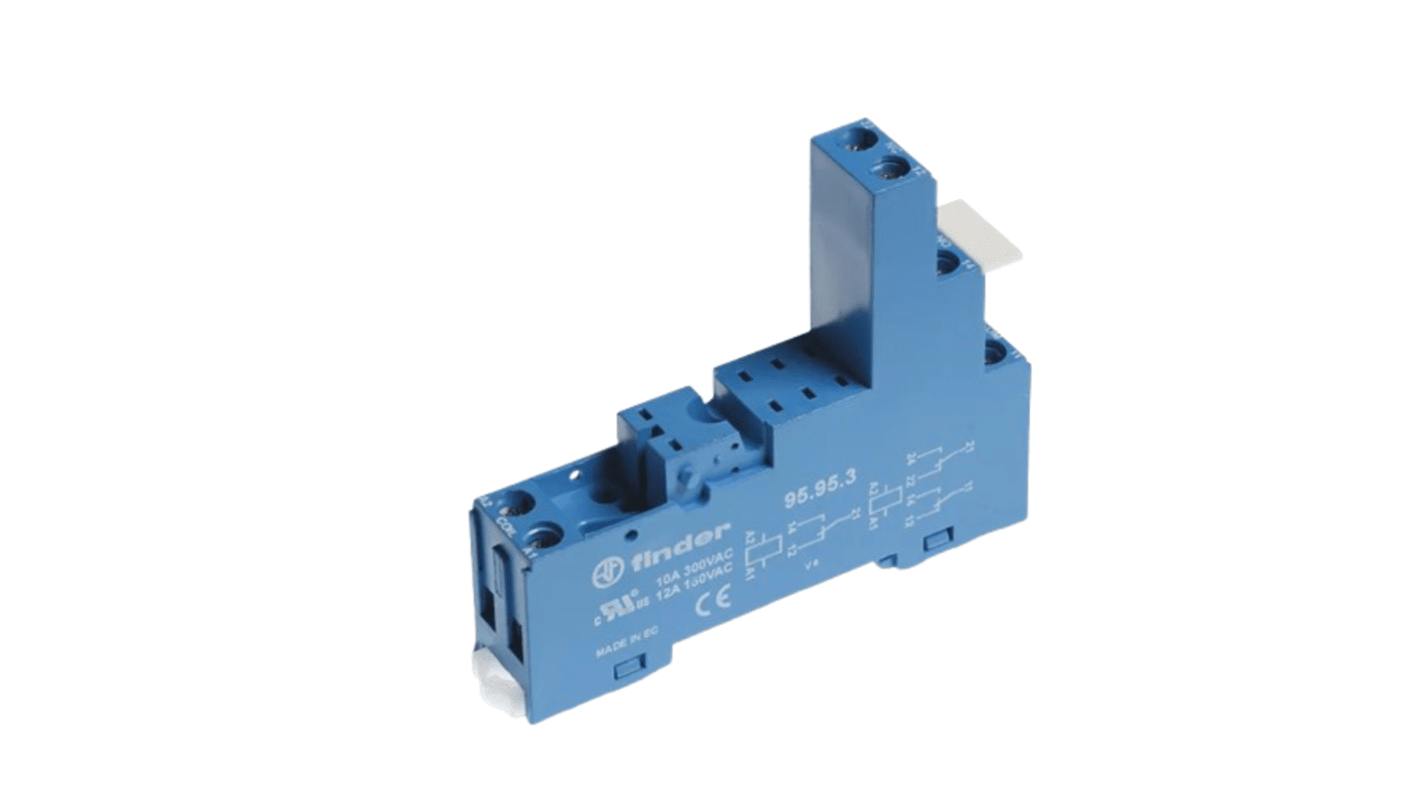 Finder 95.95.3SPA, zoccolo per relè serie 40/41/43, montaggio su guida DIN 35 mm, corrente 10A, tensione 250V, con morsetti a innesto.