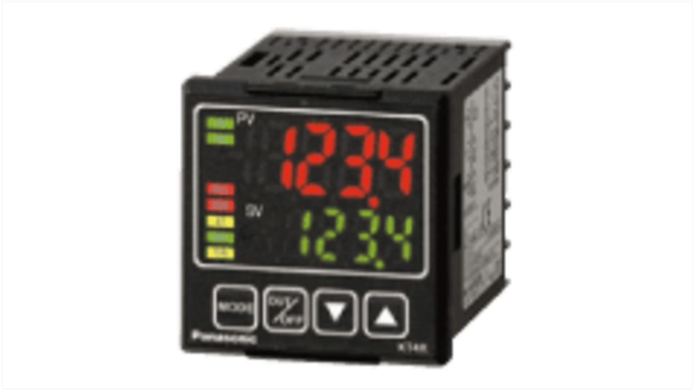 Termoregolatore PID Panasonic AKT4R111200, montaggio a pannello, 48 x 60 mm, 3 uscite relè, IP66, alimentazione 24 V.