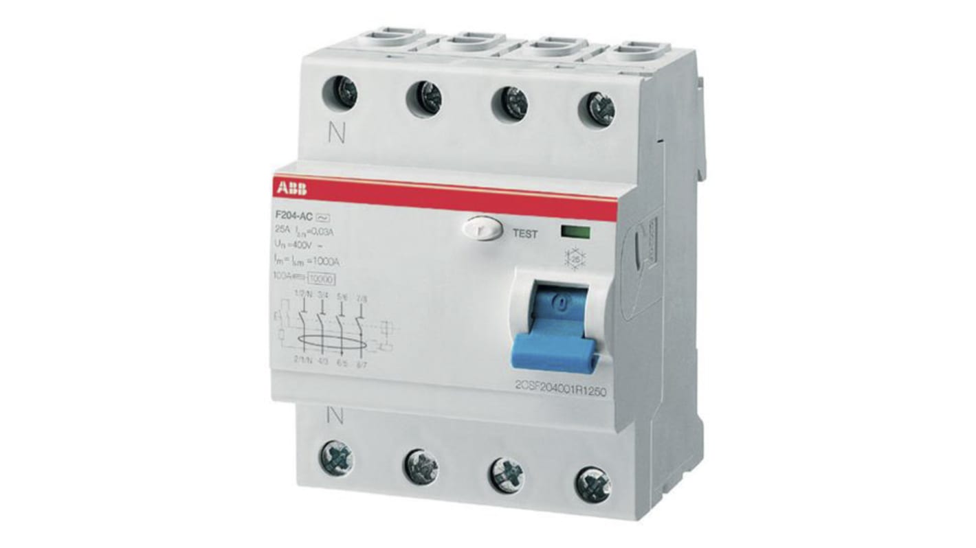 Interruttore differenziale ABB 442053, 4 poli, 40A, tipo AC, montaggio su guida DIN, dimensioni 70x69x85mm.