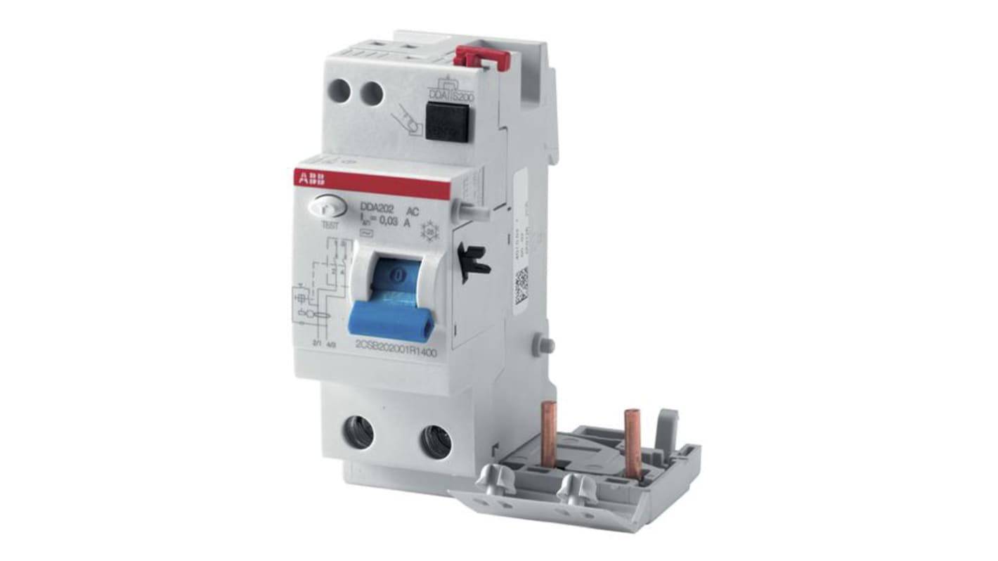 Interruttore differenziale ABB RCD DDA200, 2 poli, 25A, 300mA, montaggio su guida DIN, dimensioni 69x93x70mm.