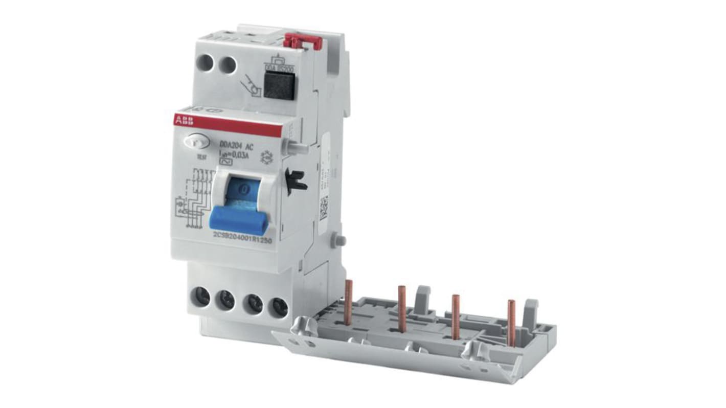 Interruttore differenziale ABB 452051, RCD 4 poli, 40A, sensibilità 30mA, montaggio su guida DIN, dimensioni 105x69x93mm.