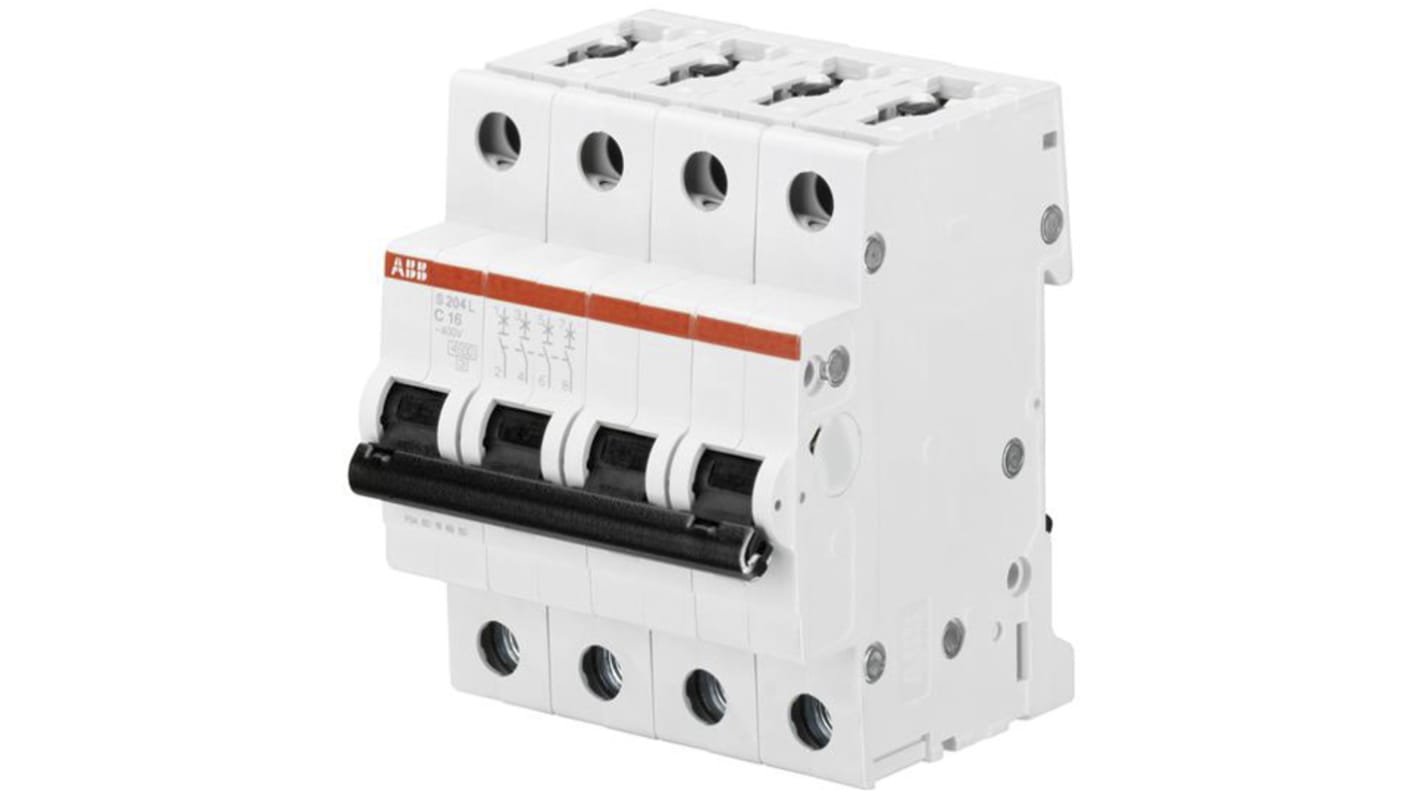 Interruttore magnetotermico ABB 350444, 4 poli, 63A, montaggio su guida DIN, dimensioni 70mm x 69mm x 88mm.